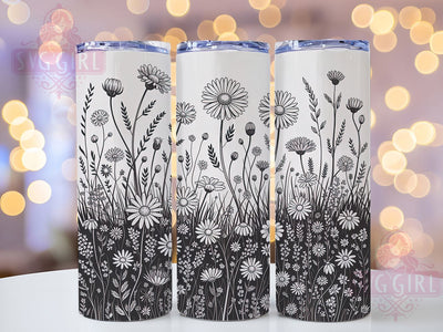 Monochrome Wildflower Floral Tumbler, Wildflower Tumbler Design, Monochrome Flower Wrap, Elegant Floral Wrap, Minimalist Wildflower Wrap, Sublimation Design, Trendy Gift Idea Sublimation SvggirlplusArt 