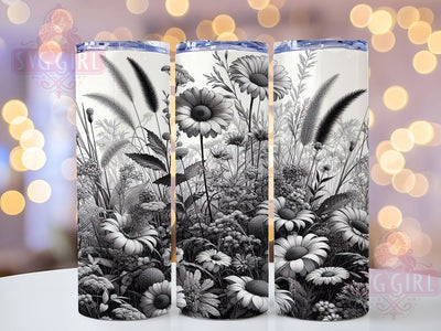 Monochrome Wildflower Floral Tumbler, Wildflower Tumbler Design, Monochrome Flower Wrap, Elegant Floral Wrap, Minimalist Wildflower Wrap, Sublimation Design, Trendy Gift Idea Sublimation SvggirlplusArt 