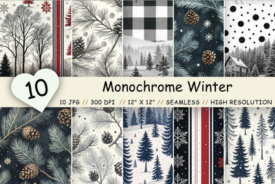 Monochrome Winter Digital Paper Pack, Seamless Pattern Bundle, Printable Scrapbook Paper, Black White Minimalist Design Collection Digital Pattern FloridPrintables 