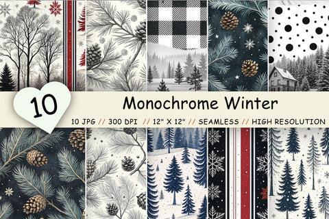 Monochrome Winter Digital Paper Pack, Seamless Pattern Bundle, Printable Scrapbook Paper, Black White Minimalist Design Collection Digital Pattern FloridPrintables 