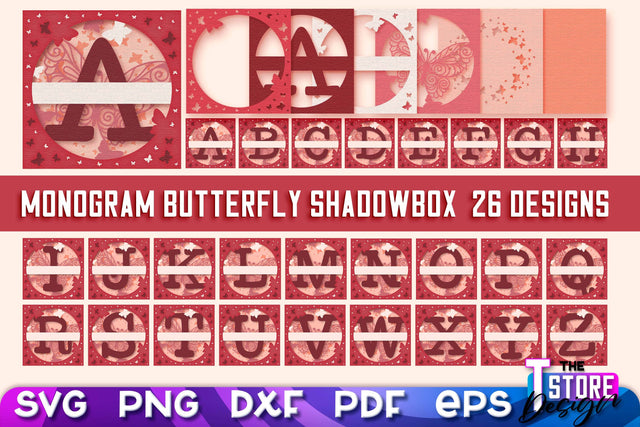 Monogram Butterfly Shadowbox SVG | 3D Alphabet Monogram Shadowbox SVG The T Store Design 