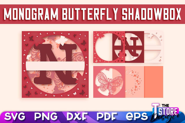 Monogram Butterfly Shadowbox SVG | 3D Alphabet Monogram Shadowbox SVG The T Store Design 