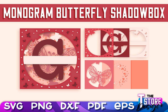 Monogram Butterfly Shadowbox SVG | 3D Alphabet Monogram Shadowbox SVG The T Store Design 