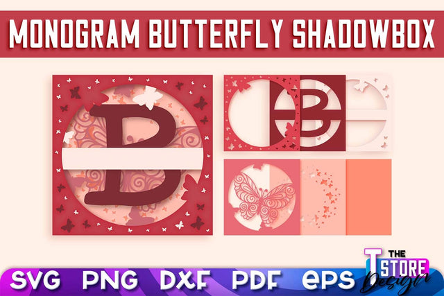 Monogram Butterfly Shadowbox SVG | 3D Alphabet Monogram Shadowbox SVG The T Store Design 