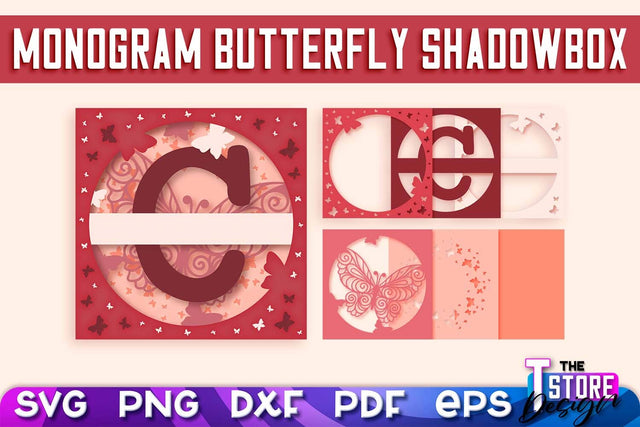 Monogram Butterfly Shadowbox SVG | 3D Alphabet Monogram Shadowbox SVG The T Store Design 