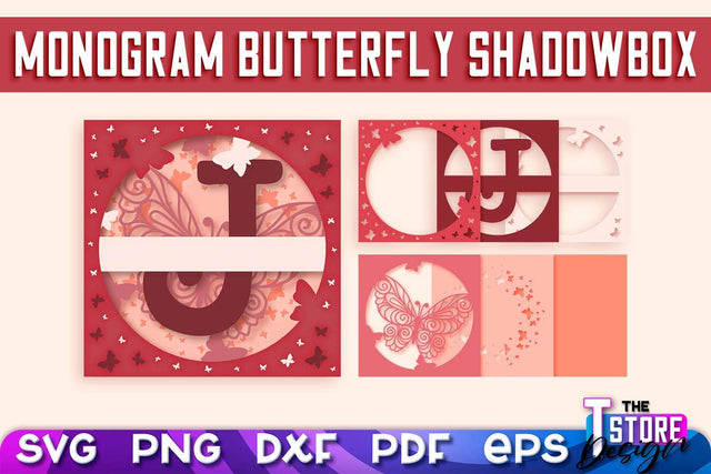Monogram Butterfly Shadowbox SVG | 3D Alphabet Monogram Shadowbox SVG The T Store Design 