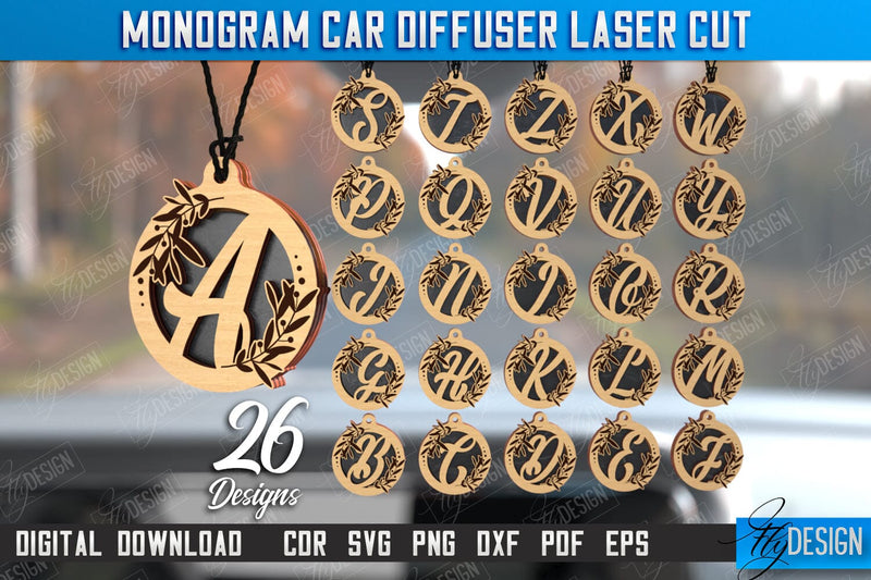 Monogram Car Diffuser Laser Cut Bundle | Car Charms | Engraved Car Accessories | Suspension for Car Mirror | CNC Files SVG Fly Design 