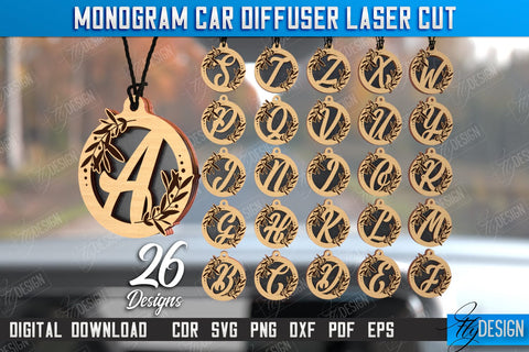 Monogram Car Diffuser Laser Cut Bundle | Car Charms | Engraved Car Accessories | Suspension for Car Mirror | CNC Files SVG Fly Design 
