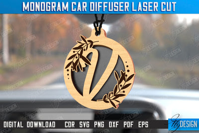 Monogram Car Diffuser Laser Cut | Car Charms | Engraved Car Accessories | Suspension for Car Mirror | CNC File SVG Fly Design 