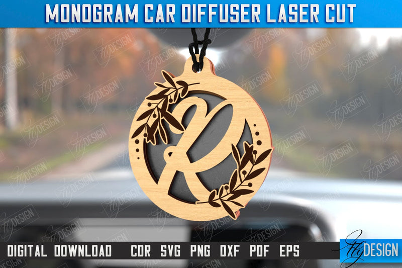 Monogram Car Diffuser Laser Cut | Car Charms | Engraved Car Accessories | Suspension for Car Mirror | CNC File SVG Fly Design 