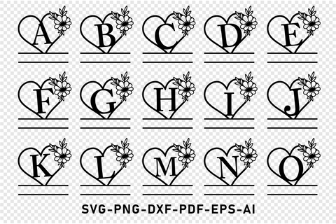 Monogram Flower Love Hearts Split Font Letters SVG Laser Cut Files Designs Bundle, Valentines Day Font Alphabet SVG File Set A-Z, Valentine Monogram Letter SVG & PNG Design SVG D2PUTRI Designs 
