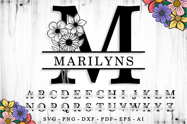 Monogram Flower Split Letters SVG Cut Files Designs, Family Name Sign SVG, Split Font SVG, Split Alphabet Set A-Z SVG D2PUTRI Designs 
