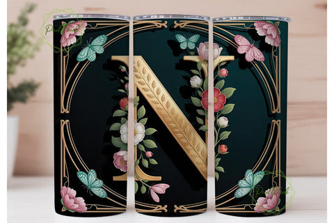 Monogram N Floral Butterfly 20oz Tumbler Sublimation PixelChick 