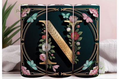 Monogram N Floral Butterfly 20oz Tumbler Sublimation PixelChick 