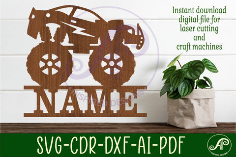 Monster car truck name sign svg laser cut template SVG APInspireddesigns 