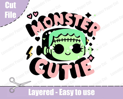 Monster Cutie Layered SVG, PNG, Clipart, Frankenstein Monster, Halloween SVG, Kawaii Spooky, Cut file for Cricut or Silhouette SVG Lavender Paper Cut 