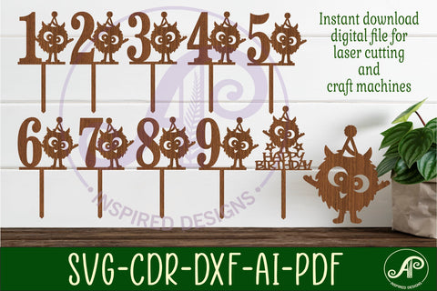 Monster number cake toppers, 10 designs SVG laser cut SVG APInspireddesigns 