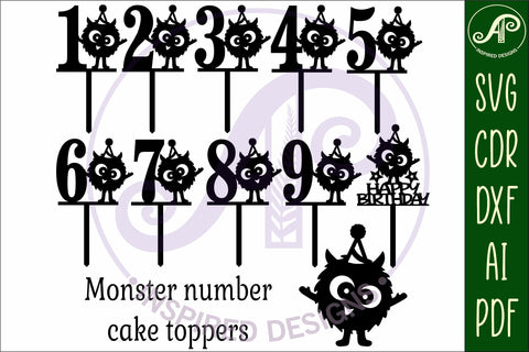 Monster number cake toppers, 10 designs SVG laser cut SVG APInspireddesigns 