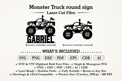 Monster Truck svg Round Sign Cut File Kids Room Decor Laser Cut Name Sign SVG TonisArtStudio 