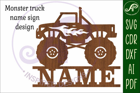 Monster truck with flames name sign svg laser cut template SVG APInspireddesigns 