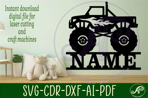 Monster truck with flames name sign svg laser cut template SVG APInspireddesigns 