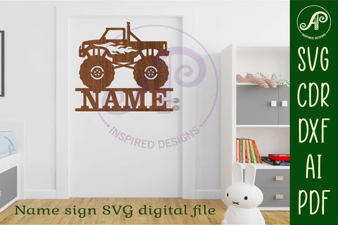 Monster truck with flames name sign svg laser cut template SVG APInspireddesigns 