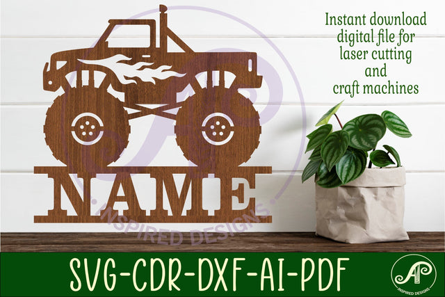 Monster truck with flames name sign svg laser cut template SVG APInspireddesigns 