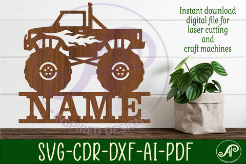 Monster truck with flames name sign svg laser cut template SVG APInspireddesigns 