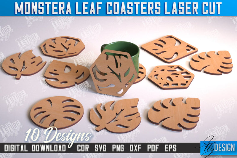Monstera Leaf Coasters Bundle | Cup Coasters | Wooden Monstera Leaf | Rustic Design | CNC Files SVG Fly Design 