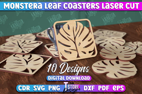 Monstera Leaf Coasters Bundle | Cup Coasters | Wooden Monstera Leaf | Rustic Design | CNC Files SVG The T Store Design 