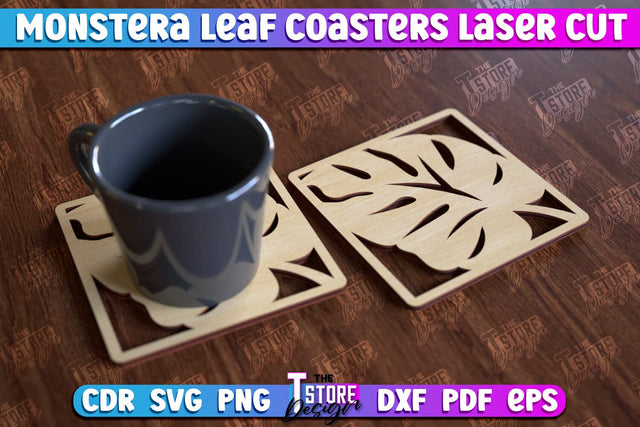Monstera Leaf Coasters | Cup Coasters | Wooden Monstera Leaf | Rustic Design | CNC File SVG The T Store Design 
