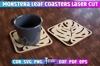 Monstera Leaf Coasters | Cup Coasters | Wooden Monstera Leaf | Rustic Design | CNC File SVG The T Store Design 