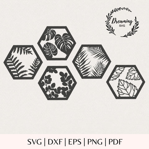 Monstera Leaf Hexagon SVG - Tropical Wall Decor DXF Template - Modern Botanical Geometric Nature Art Cut File Cricut Laser Cut SVG DreamingSVG 