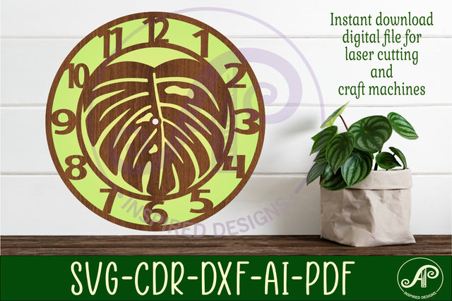 Monstera leaf wall clock laser cut files, SVG file. SVG APInspireddesigns 