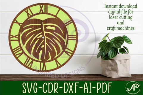 Monstera leaf wall clock laser cut files, SVG file. SVG APInspireddesigns 