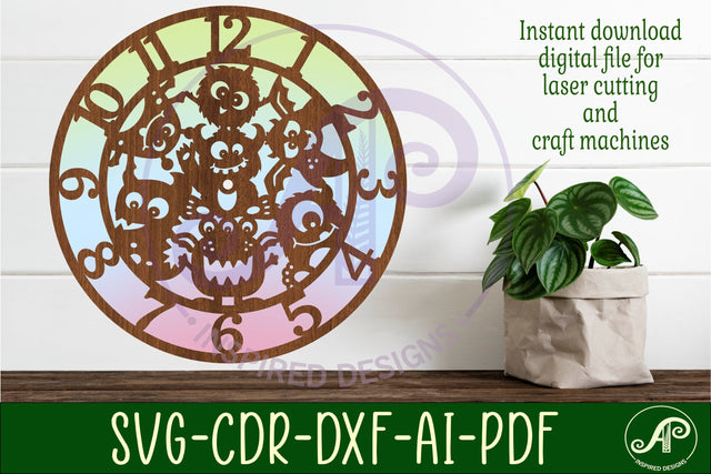 Monsters wall clock laser cut files, SVG file. vector SVG APInspireddesigns 