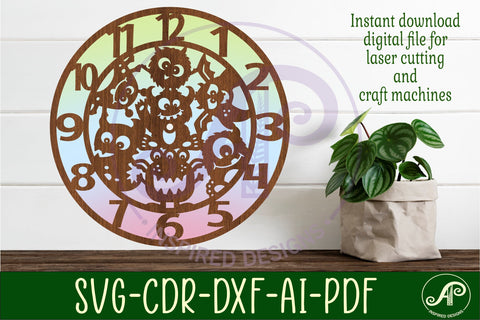 Monsters wall clock laser cut files, SVG file. vector SVG APInspireddesigns 