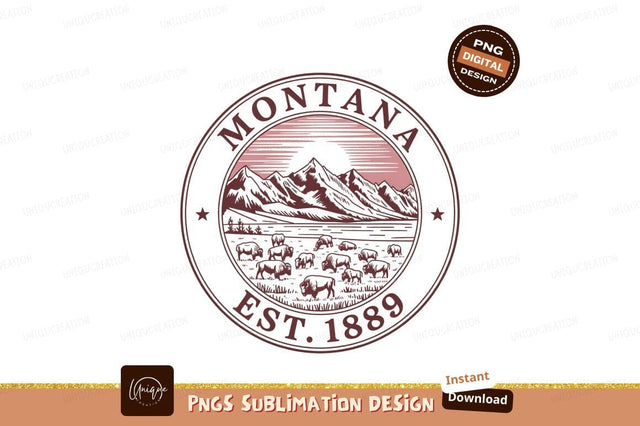 Montana Bison Mountains Sunset Emblem buffalo Sublimation Designangry 