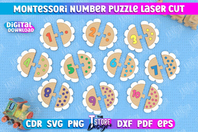 Montessori Numbers Puzzle Laser Cut Design, Kids Puzzle SVG, Number Toy Puzzle svg SVG The T Store Design 