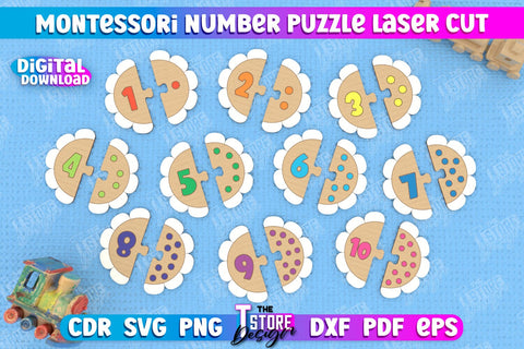 Montessori Numbers Puzzle Laser Cut Design, Kids Puzzle SVG, Number Toy Puzzle svg SVG The T Store Design 