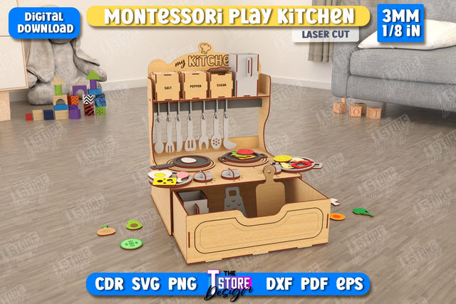 Montessori Play Kitchen Laser Cut | Toy Kitchen | Mini Kitchen | Game for Kid | CNC File SVG The T Store Design 