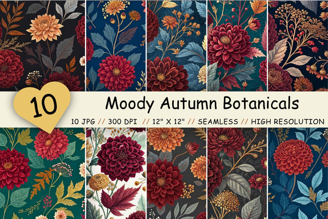 Moody Autumn Botanicals Seamless Pattern, Autumn Craft Work, Autumn Pattern, Fall Pattern, Scrapbook Kit, Autumn Leaves, Autumn Vibe Digital Pattern FloridPrintables 