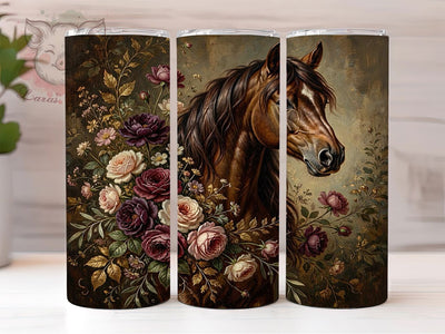 Moody Floral Highland Horse 20oz Tumbler, Majestic Horse, Dark Mane, Brown Coat, Graceful Gaze, 20oz Tumbler Wrap, Sublimation PNG Sublimation Lara' s Designs 