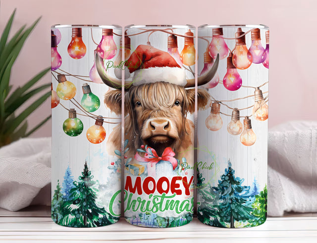 Mooey Christmas 20oz skinny tumbler sublimation design Highland cow Christmas lights Funny design Digital PNG Straight wrap download Sublimation PixelChick 