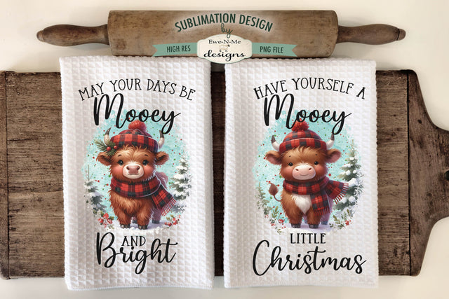 Mooey Christmas Highland Cow Kitchen Towel Sublimation PNG Sublimation Ewe-N-Me Designs 