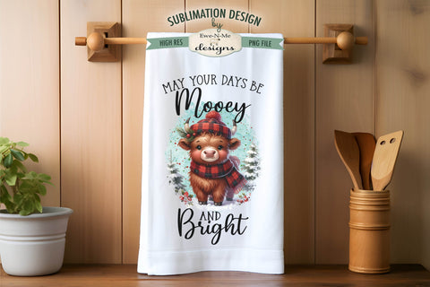 Mooey Christmas Highland Cow Kitchen Towel Sublimation PNG Sublimation Ewe-N-Me Designs 