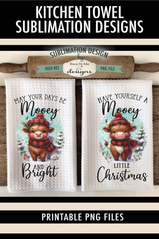 Mooey Christmas Highland Cow Kitchen Towel Sublimation PNG Sublimation Ewe-N-Me Designs 