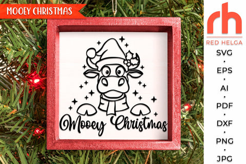Mooey Christmas SVG, Cow in a Santa Hat DXF, Christmas Scene Cut File, Xmas Window, Holiday Design, Farmhouse Winter Theme, Heifer Outline, Farm Christmas SVG RedHelgaArt 