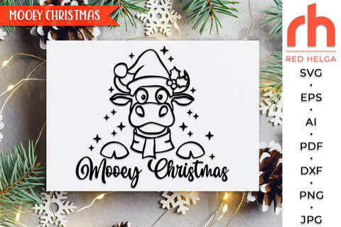 Mooey Christmas SVG, Cow in a Santa Hat DXF, Christmas Scene Cut File, Xmas Window, Holiday Design, Farmhouse Winter Theme, Heifer Outline, Farm Christmas SVG RedHelgaArt 
