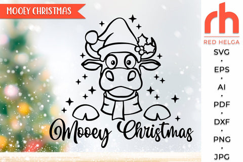 Mooey Christmas SVG, Cow in a Santa Hat DXF, Christmas Scene Cut File, Xmas Window, Holiday Design, Farmhouse Winter Theme, Heifer Outline, Farm Christmas SVG RedHelgaArt 
